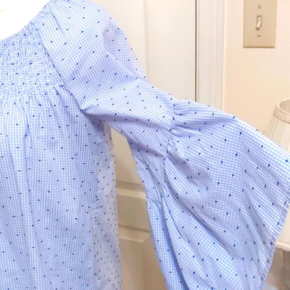 Boho Blue Bell Sleeve Smocked Flocked Blouse Sz S/P - Picture 3 of 7